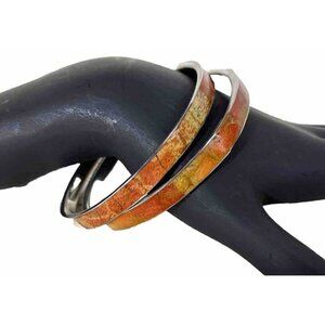 Silver Toned Enamel Bangle Bracelets Orange Fall Tones Vintage Pair